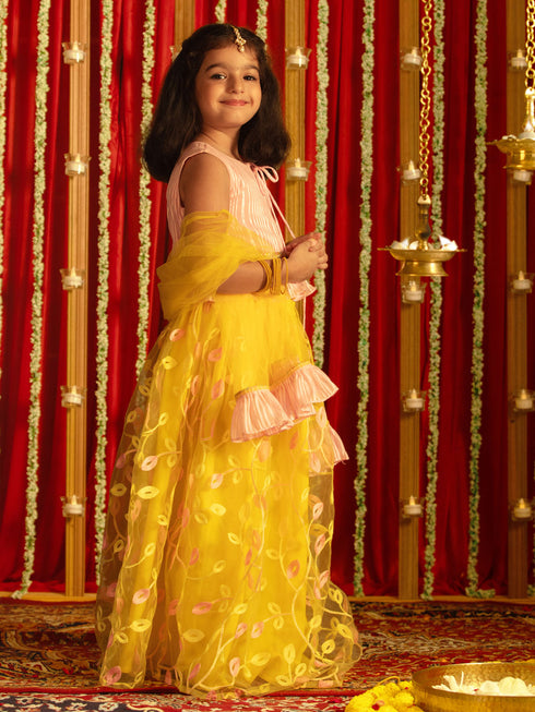 Girl's' Pink Top And Yellow Lehenga With Ruffled Dupatta Set